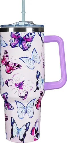 Vaso de 40 onzas con asa de 40 onzas con diseño de mariposa morada con tapa, popote con doble aislamiento, taza de café de viaje, regalo de mariposa