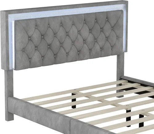 Miniatura 7 de SOFTSEA Cama de tamaño Queen con luz LED, plataforma de terciopelo con cabecero copetudo para niños, adolescentes y adultos, cama de plataforma