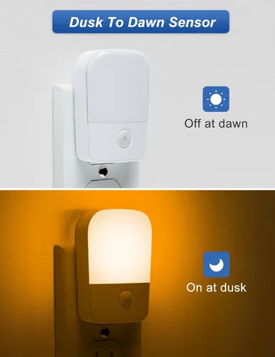 Miniatura 2 de Luces nocturnas ámbar enchufables a la pared, paquete de 2 luces LED de noche para dormitorio con sensor de atardecer a amanecer, brillo ajustable