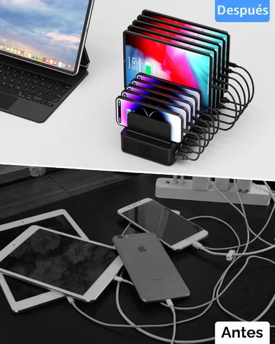 Miniatura 6 de Estación de carga de 270 W para múltiples dispositivos, estación de carga rápida USB de 20 puertos con divisores ajustables y 10 cables, base