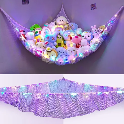Miniatura 22 de Unicorn Castle Red de animales de peluche o hamaca organizador de almacenamiento de juguetes para niños con luz LED colgante en esquina soporte