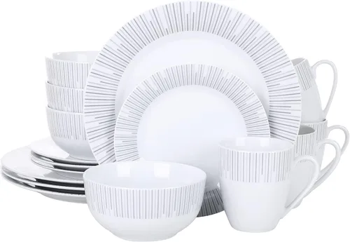 Miniatura 15 de VEWEET, Serie Fiona - Juego de vajilla de 30 piezas para 6 personas, blancos con rayas negras y grises, vajilla de porcelana de platos de postre