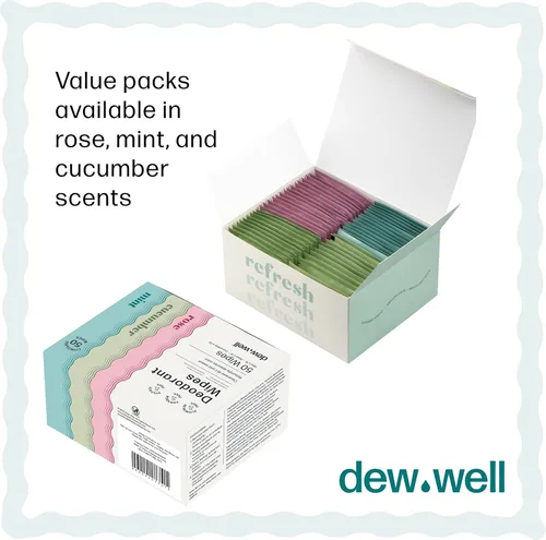 Miniatura 7 de Dew Well Toallitas desodorantes – Desodorante de viaje para llevar – Toallitas corporales con aromas de menta fresca, rosa y pepino para mujer