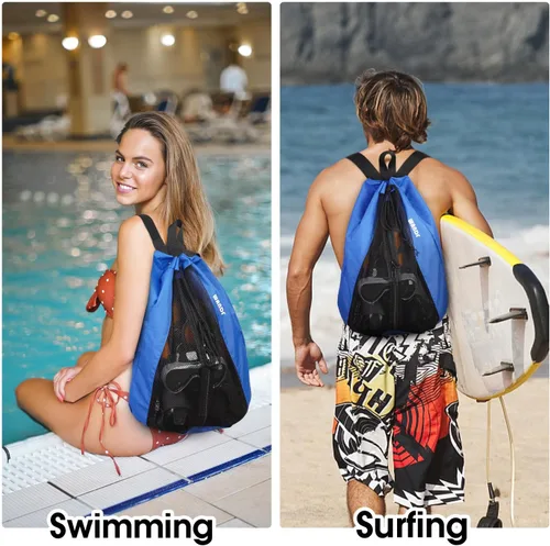 Miniatura 7 de WANDF Bolsa de Natación Mochila de Malla con Cordón Mochila de Playa para Natación, Gimnasio y Equipo de Entrenamiento Azul marino con bolsillo