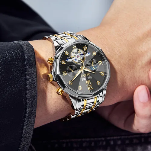 Miniatura 13 de OLEVS Reloj de pulsera automático con diseño de esqueleto para hombre, de lujo, con diamantes de lujo, de acero inoxidable, calendario, reloj