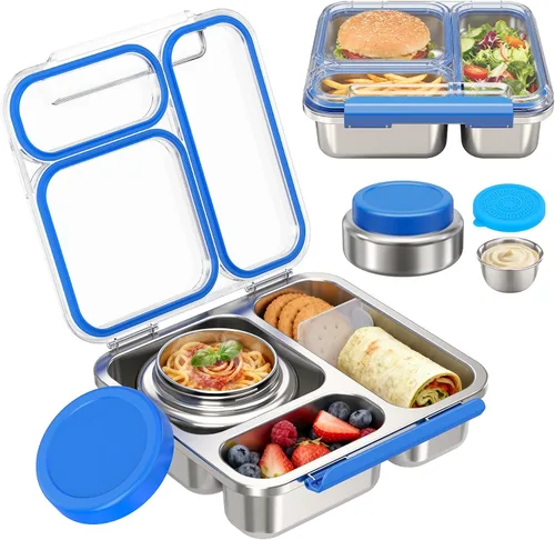 Pawtong Caja Bento de Acero Inoxidable para Niños y Adultos con Frasco de Comida Aislado de 7 oz, Caja de Almuerzo de Metal con Tapa Transparente