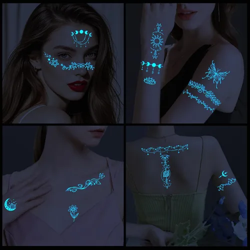Miniatura 5 de Konsait 9 hojas de tatuajes que brillan en la oscuridad para niñas y mujeres – Encantadoras vides florales mariposas y tatuajes temporales de sol