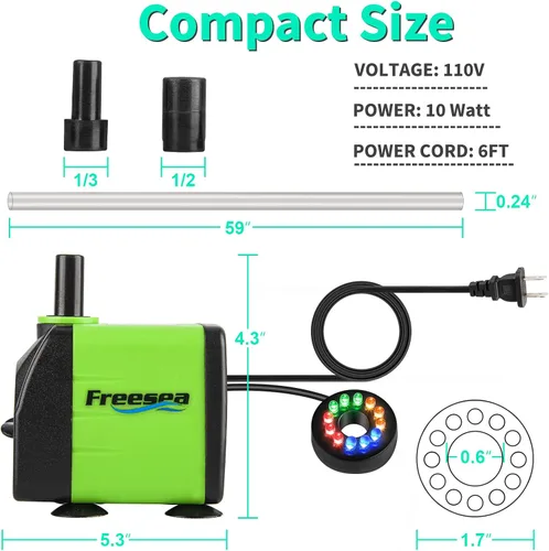 Miniatura 2 de FREESEA Bomba de agua sumergible de fuente: Bomba de acuario ajustable de 10 vatios y 160 GPH con luz LED Tubo de 3.3 pies para estanque al aire