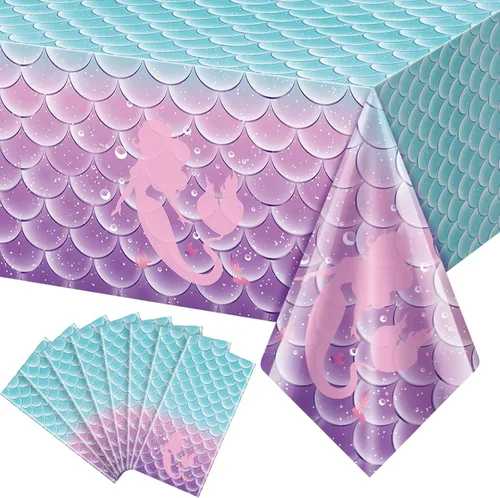 8 manteles para decoración de fiesta de cumpleaños de sirena, fundas de mesa de plástico desechables para princesas bajo el mar, suministros de