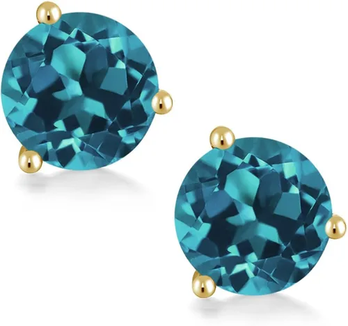Miniatura 2 de Gem Stone King Aretes de tuerca de oro amarillo de 14 quilates, topacio azul Londres de 3 puntas, Martini con parte trasera para mujer
