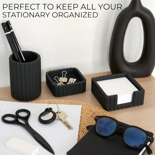 Miniatura 3 de KIBAGA Juego de accesorios de escritorio de estética moderna de 3 piezas - Organizadores de hormigón elegantes para bolígrafos y suministros