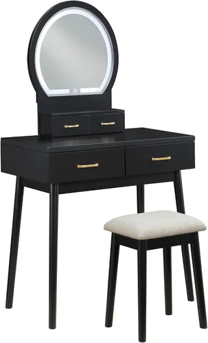 Miniatura 8 de Lexicon Tocador moderno con espejo, luces LED, 3 modos de iluminación, pequeño juego de tocador de maquillaje con 4 cajones y taburete acolchado
