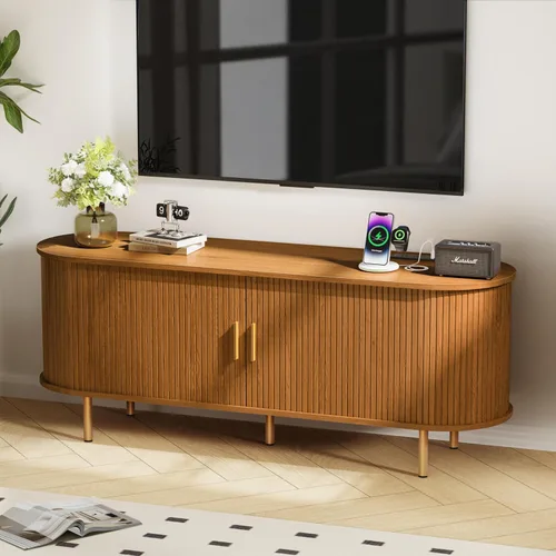 Miniatura 22 de DHH Soporte de TV moderno de mediados de siglo de 55 pulgadas con toma de corriente para televisores de hasta 60 pulgadas, centro de entretenimiento