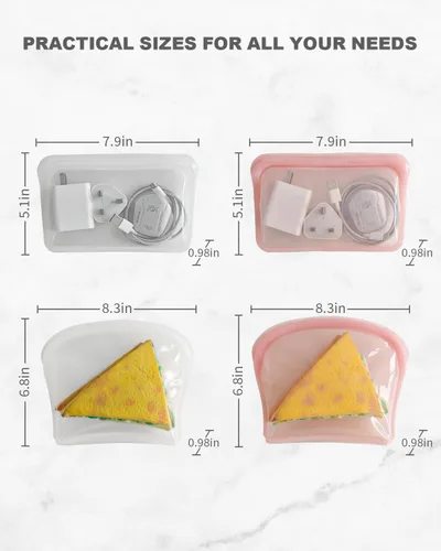 Miniatura 2 de Bolsas de almacenamiento de silicona reutilizables, paquete de 4 bolsas para bocadillos y sándwiches, bolsas de silicona duraderas con cierre