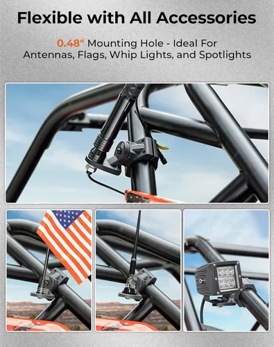 Miniatura 7 de KEMIMOTO UTV Soporte de montaje para luz de bandera de montaje en látigo, 1 unidad, resistente ajustable para jaula de barra enrollable de 1.75 a 2
