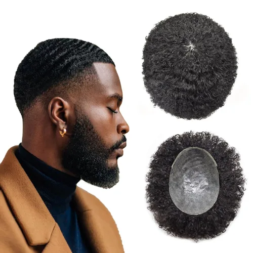 Miniatura 22 de Tupé rizado afro para hombres negros Full Poly African American Curl sistemas de cabello humano inyectado PU Coily Male Hairpieces Poly Hair