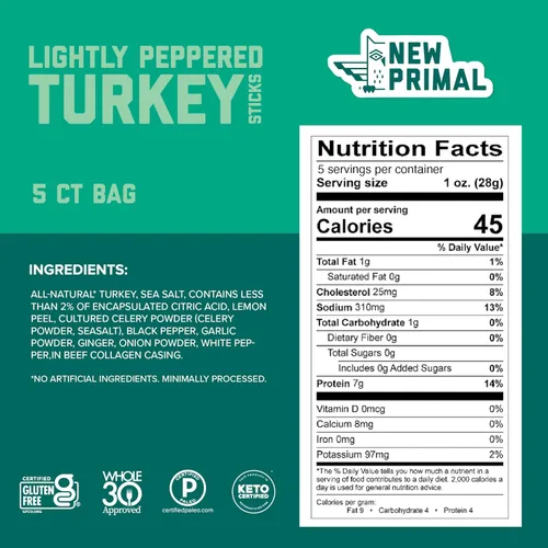 Miniatura 2 de New Primal Palitos de Pavo Ligeramente Condimentados con Pimienta, Bocadillos Saludables Keto y Sin Gluten para Adultos, Sin Azúcar Bajos