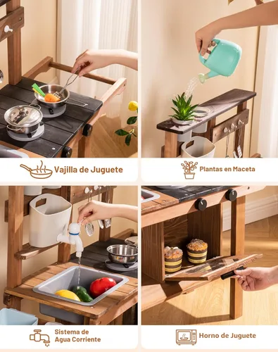 Miniatura 5 de ROBUD Cocina de barro para niños al aire libre con ruedas, cocina de madera al aire libre, cocina de barro para niños con fregadero y grifo