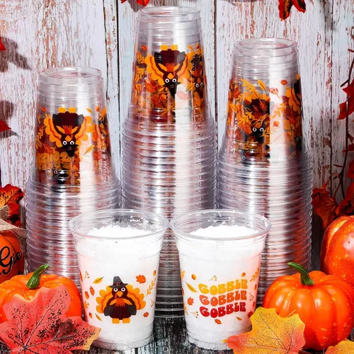 Miniatura 8 de Meanplan 100 vasos de plástico de Acción de Gracias a granel de 12 onzas, vasos desechables de otoño, hojas de calabaza, pavo, vasos transparentes