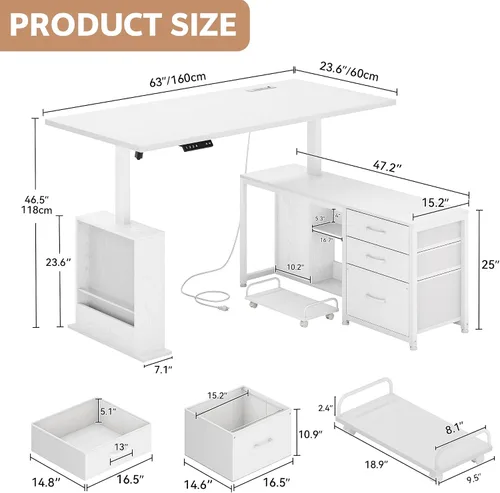Miniatura 2 de Escritorio eléctrico en forma de L de 47 pulgadas con 3 cajones, mesa de computadora de almacenamiento, altura ajustable con tomas de corriente, 4