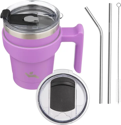 Miniatura 81 de Konokyo - Vaso de 10 onzas con asa y 2 popotes, 2 tapas, botella de agua aislada de acero inoxidable, taza de viaje reutilizable, color verde militar