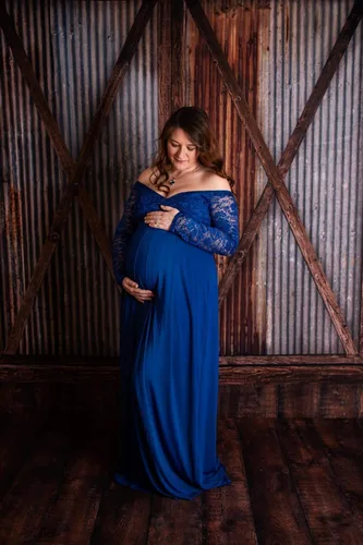 Miniatura 2 de Molliya - Vestido largo de maternidad de encaje y hombros descubiertos Maxi vestido elegante elástico, para baby shower y sesión de fotografías