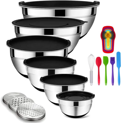 Rottay Juego de cuencos para mezclar con tapas herméticas, 20 cuencos de acero inoxidable, cuencos anidables con 3 accesorios para rallar y parte