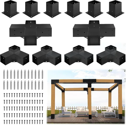 Miniatura 7 de JEXALINE Kit de pérgola de acero de aleación pesada con soportes en forma de T de 3 vías para madera de 4 x 4 pulgadas (real 3.6 x 3.6 pulgadas)
