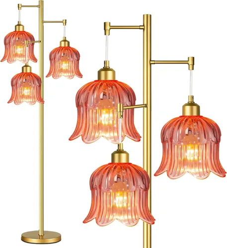 Miniatura 15 de QIYIZM Lámpara de pie para sala de estar, dormitorio, estilo granja, arco, ratán, boho, lámpara de pie con control remoto regulable, pantalla