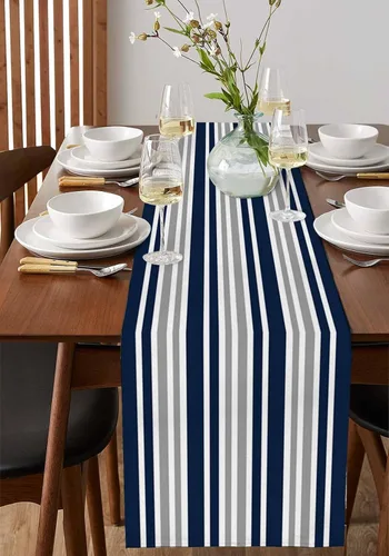 Miniatura 5 de Camino de mesa a rayas, color azul marino, gris, blanco, algodón, bufandas pequeñas de 36 pulgadas, para cocina, café, comedor, sofá, dormitorio