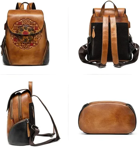 Miniatura 4 de Mochila de cuero para mujer, organizador retro de bronceado vegetal, bolso de cuero vintage en relieve tótem, naranja marrón, Bolso de hombro tótem