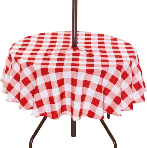 Miniatura 10 de SquarePie Mantel redondo de 60 pulgadas para exteriores con agujero para sombrilla y cremallera, mantel de poliéster a cuadros lavable a prueba