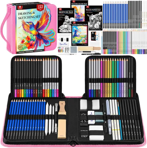 Miniatura 13 de Kit de bocetos de 106 piezas de suministros de arte, lápices de dibujo profesional con cuaderno de bocetos de 3 colores, libro para colorear, Negro