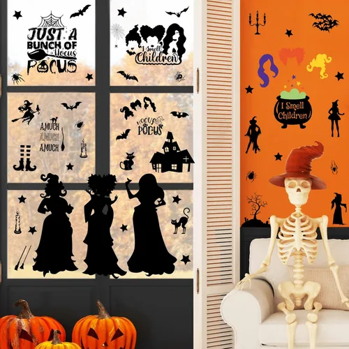 Miniatura 3 de Decoraciones de Hocus Pocus, calcomanías de ventana de Halloween, 9 hojas, 91 calcomanías de Hocus Pocus, calcomanías de silueta de ventana
