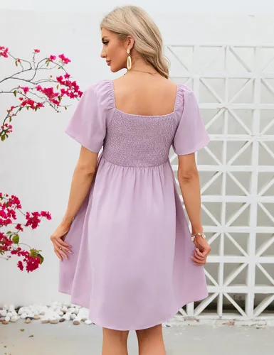 Miniatura 2 de KOJOOIN Vestido de maternidad de verano para mujer, lazo en la espalda, cuello cuadrado, manga abombada, hombros descubiertos, vestido de baby shower