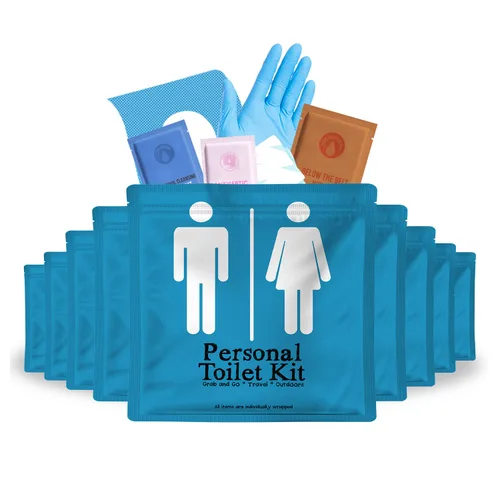 Miniatura 10 de Kit de inodoro personal para llevar, paquete de 10 unidades, kit de baño público desechable, envuelto individualmente para kit de protección
