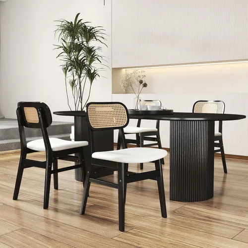 Miniatura 20 de ROCITY Juego de 4 sillas de comedor de ratán, sillas de comedor de lana de cordero blanca, sillas de cocina de madera natural, sillas de granja