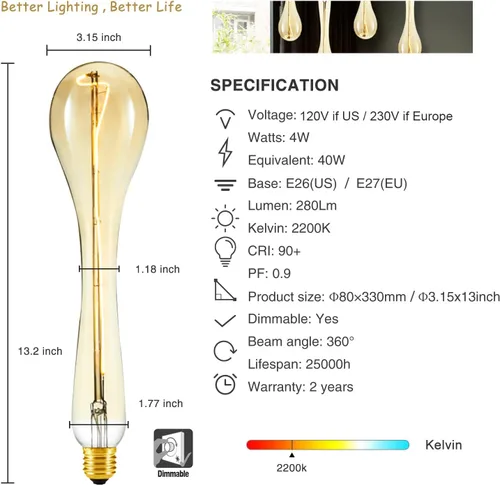 Miniatura 2 de Bombillas Edison decorativas de gran tamaño con base E26, vidrio ámbar, 4 W blanco cálido 2200 K, regulables, bombillas especiales de filamento LED