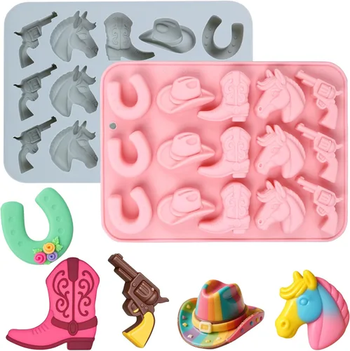 Palksky Moldes de chocolate de vaquero, paquete de 2 moldes de silicona con temática occidental para hornear con botas de caballo de vaquero, 4