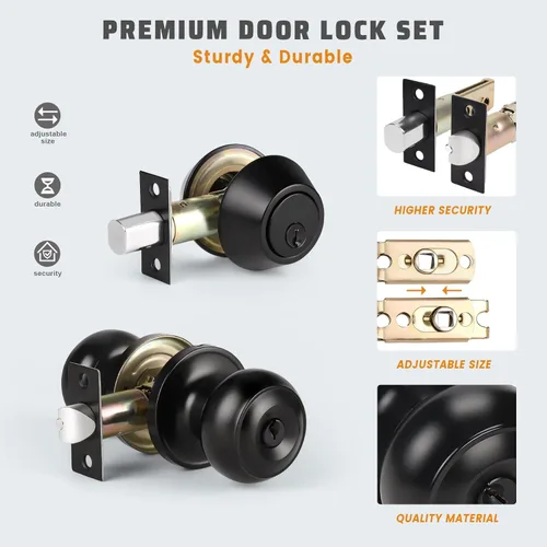 Miniatura 4 de KNOBWELL Juego de perilla de puerta y cerrojo de doble cilindro con llave, juego de cerradura de puerta exterior con cerrojo de seguridad, juego