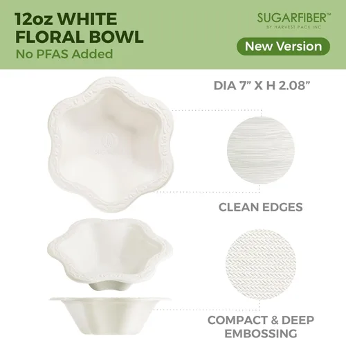 Miniatura 2 de [50 unidades] Cuencos de papel blanco floral compostables de 12 onzas, cuencos de fiesta festoneados, tazón de helado ecológico sin plástico