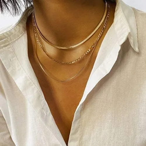 Miniatura 2 de JoycuFF Collar de oro para mujer, delicado collar de gargantilla en capas para mujer, caja de clip de serpiente, cuerda Figaro, collar de cadena