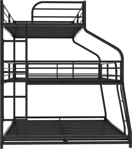Miniatura 7 de Flieks Cama triple de metal individual XL sobre matrimonial XL sobre cama Queen con escaleras, litera para familia, adolescentes, no necesita somier
