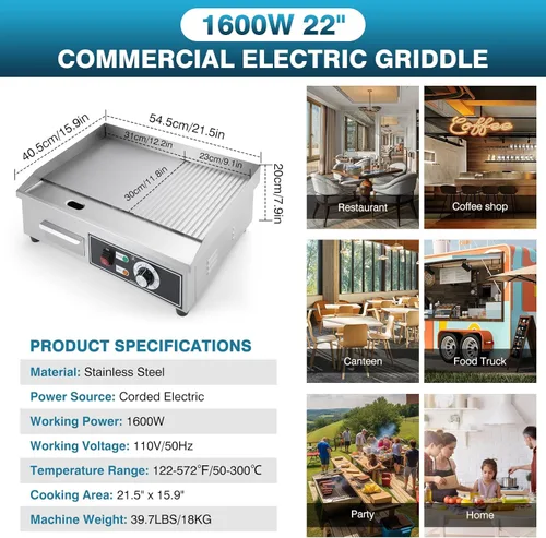 Miniatura 9 de IRONWALLS Plancha Eléctrica Comercial de 22", 3000W Plancha Eléctrica de Superficie Plana, Plancha Eléctrica de Acero Inoxidable para Encimera