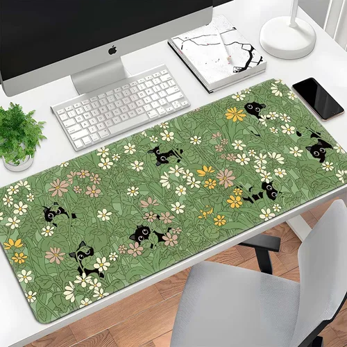 Miniatura 7 de Alfombrilla de ratón linda con gato grande, alfombrilla de escritorio verde extendida, alfombrilla de teclado con base antideslizante y bordes Gato