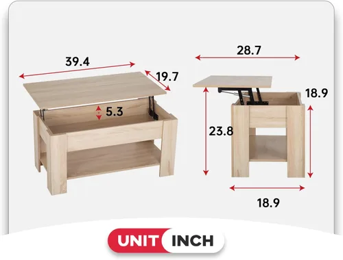 Miniatura 3 de FDW Mesa de Centro Elevable de 39.4 pulgadas con Compartimento Oculto y Estante de Almacenamiento, Tablero de Madera Elevable para Hogar, Sala