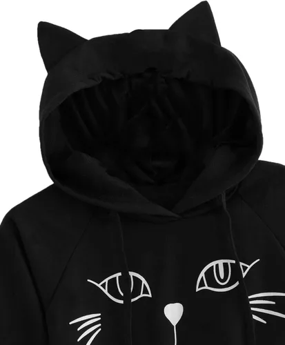 Miniatura 2 de Sudadera SweatyRocks corta con capucha, manga larga, con estampado de gato, para mujer