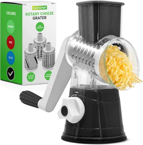 Nutrichef Rallador y triturador de queso 3 en 1 | Base de succión fuerte, mango giratorio con bloqueo de seguridad | Incluye cepillo de limpieza,