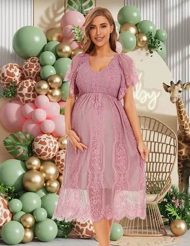 Miniatura 3 de Vestido de maternidad de manga corta con cuello en V bohemio para baby shower, sesión de fotos, vacaciones, vestido de maternidad de lunares suizos