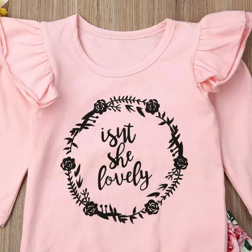 Miniatura 6 de Conjunto de 2 conjuntos de 2 piezas con estampado de letra y manga purfle para bebés y niñas